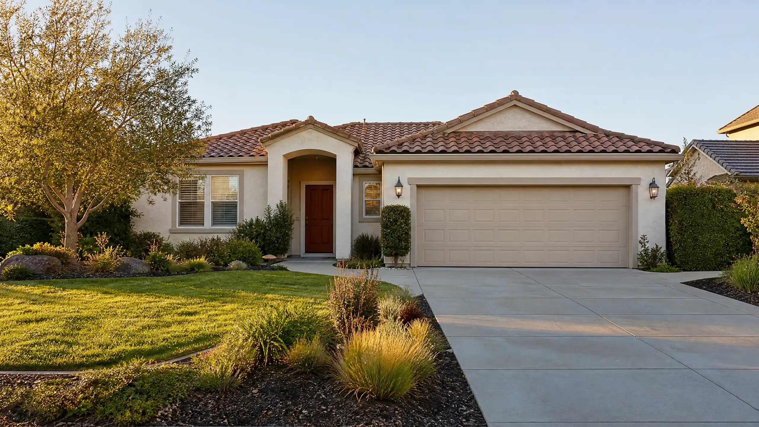 Single-story stucco home with a tile roof and tidy front yard in a Northern California suburb