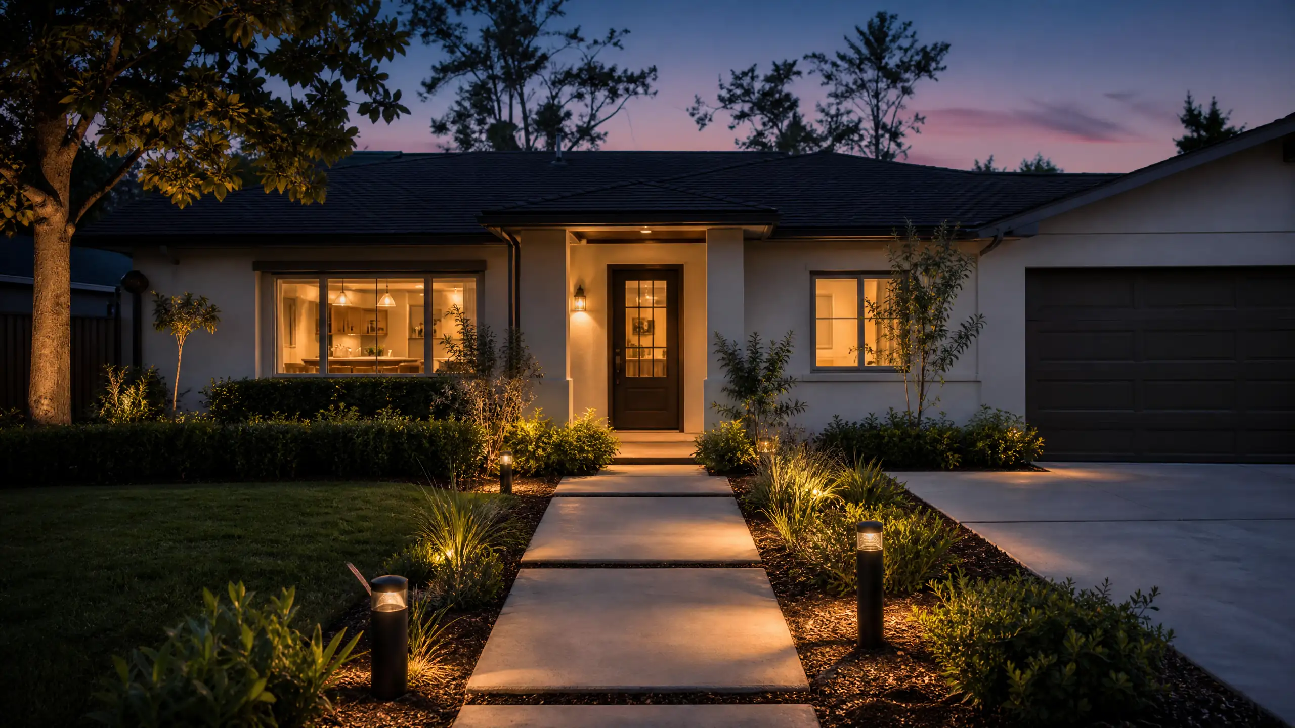 Suburban home at dusk with warm light glowing from the kitchen window