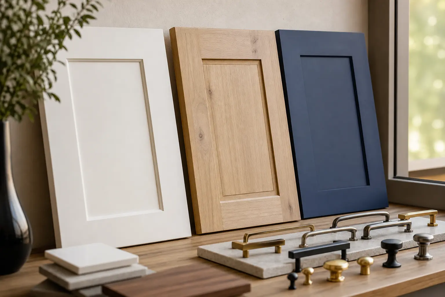 Cabinet door finish samples and drawer pulls arranged on a table