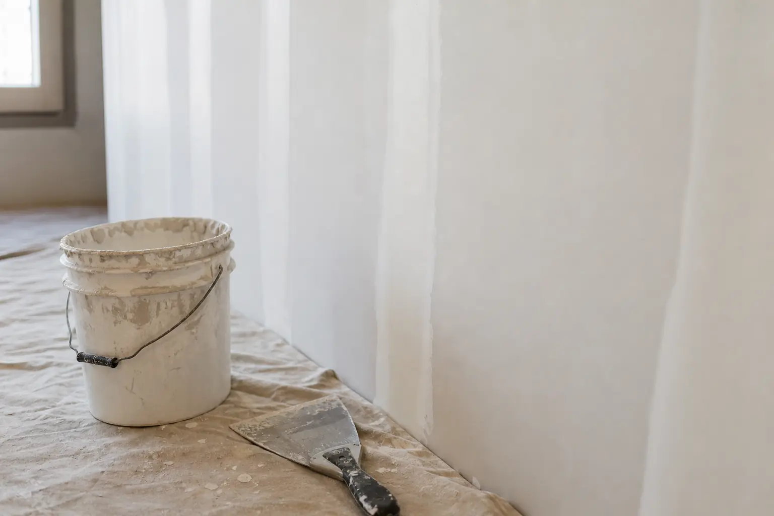 Freshly finished drywall wall with a taping knife and compound bucket