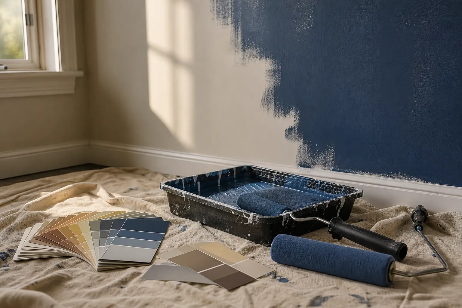 Paint roller, tray and color swatches in front of a half-painted wall