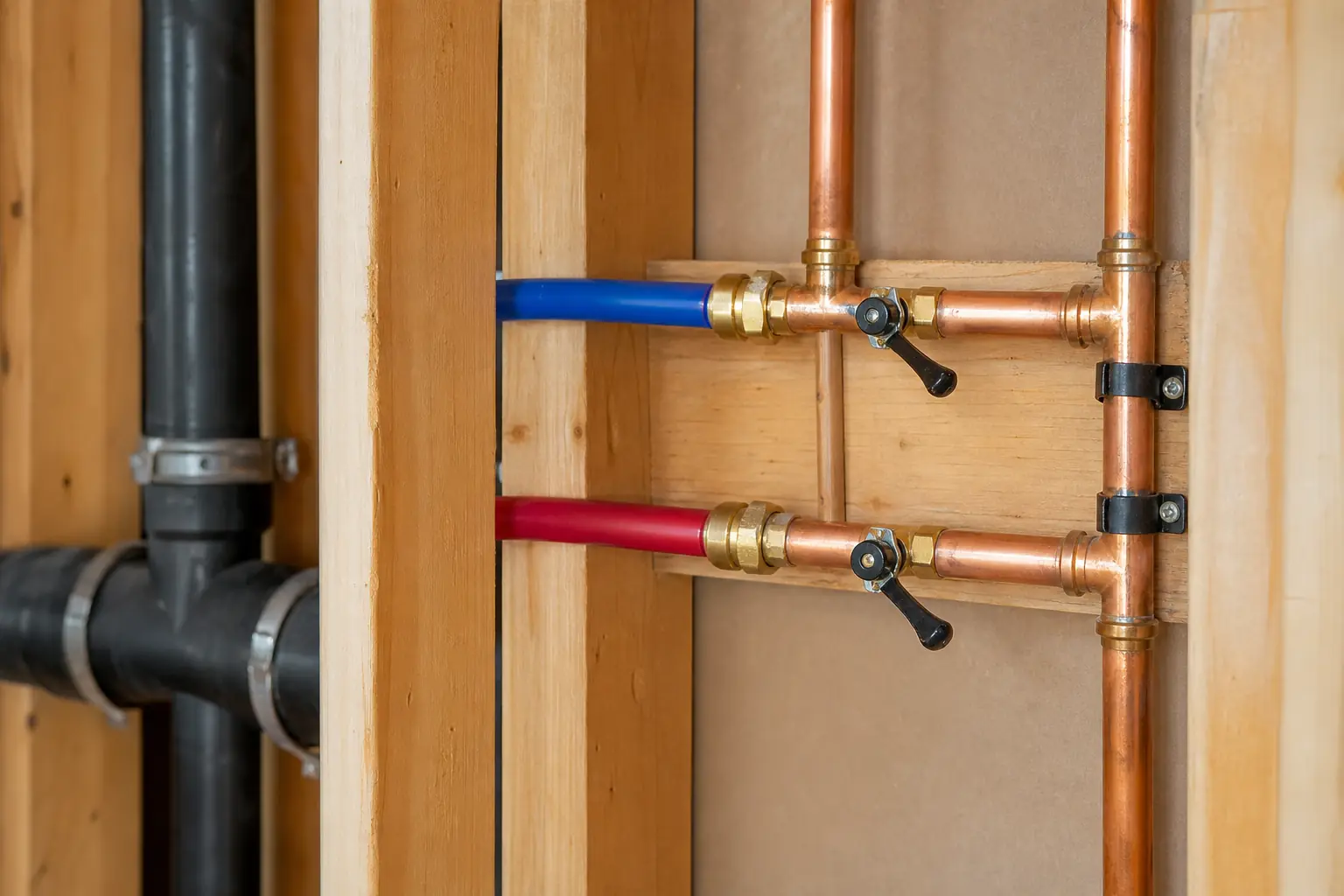 Copper and PEX supply pipes with fittings and valves on an open wall