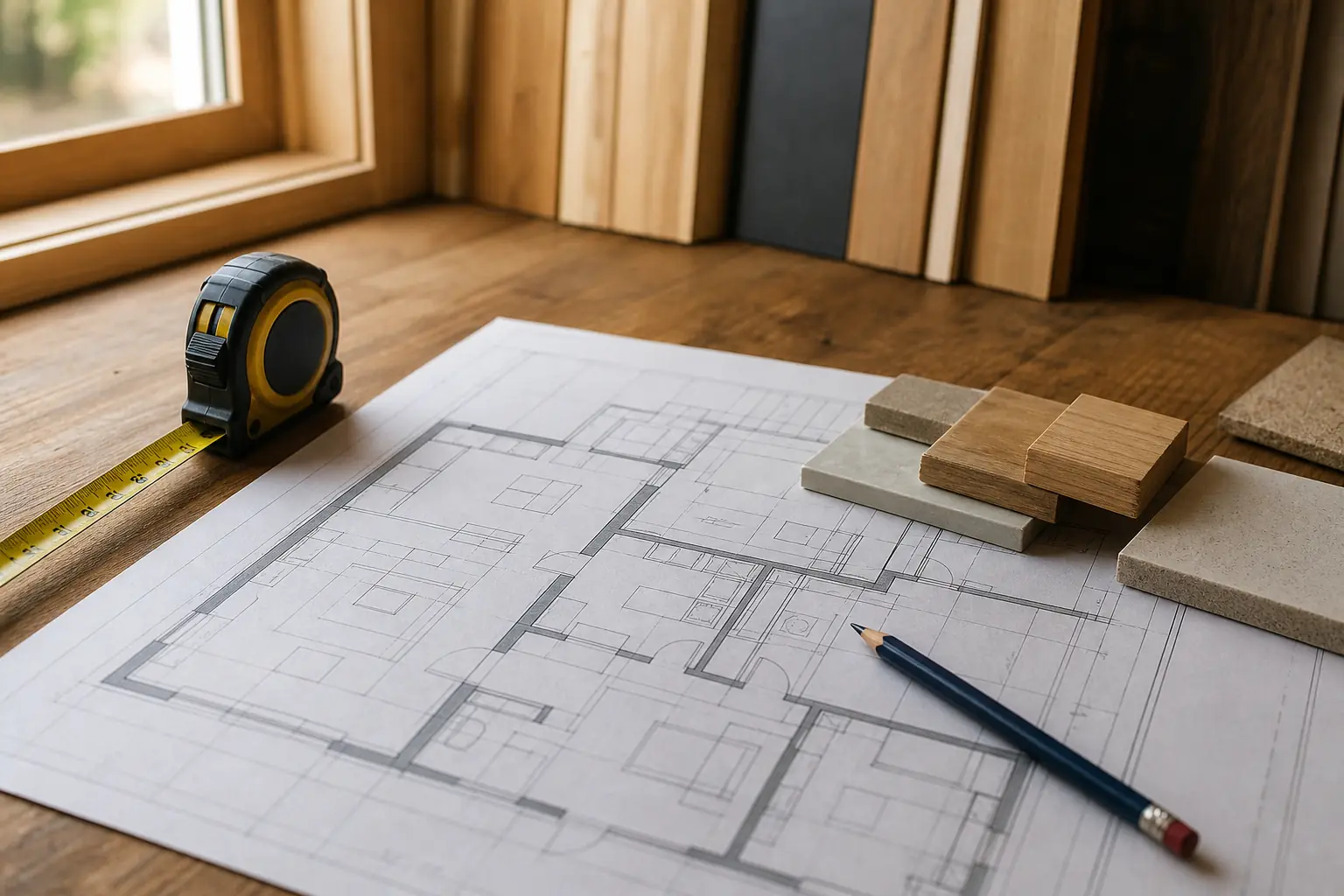 Floor plan drawing with a tape measure and pencil on a table