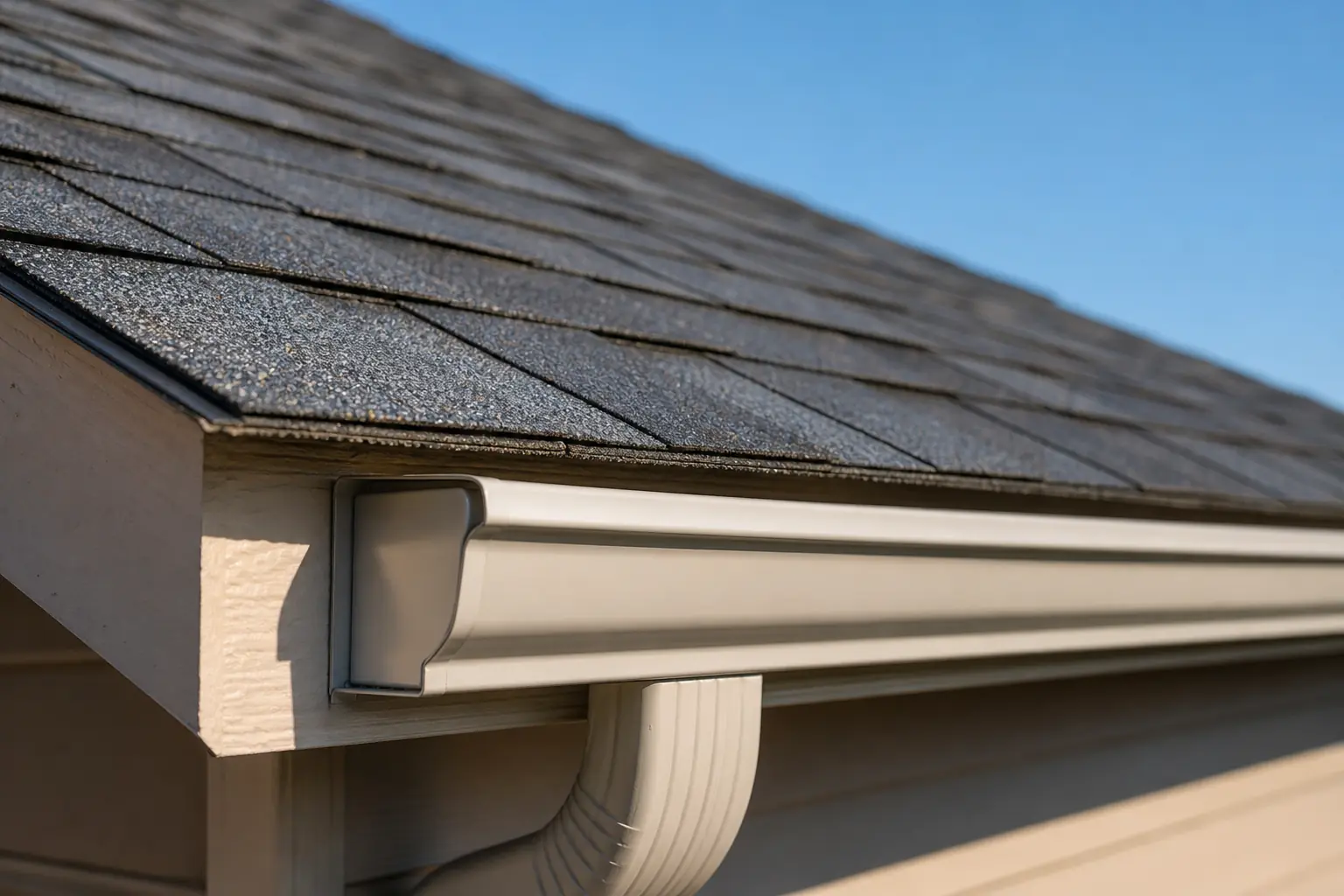 Shingle roof edge and gutter against a blue sky