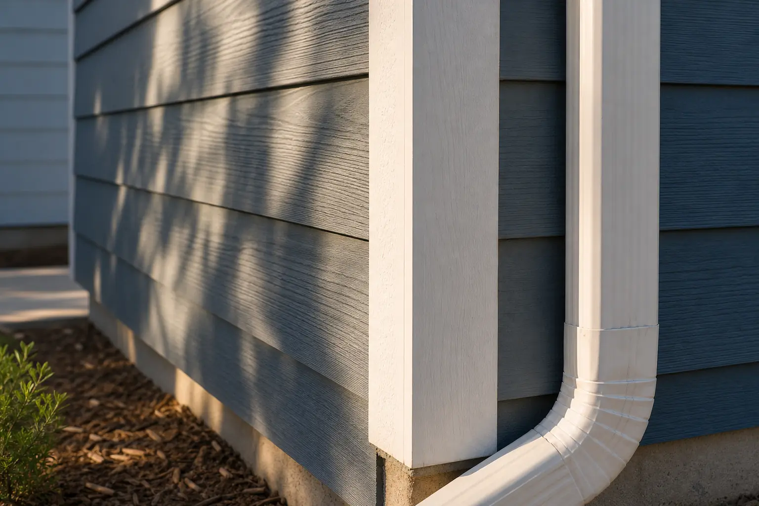 House corner with lap siding, white trim and a downspout
