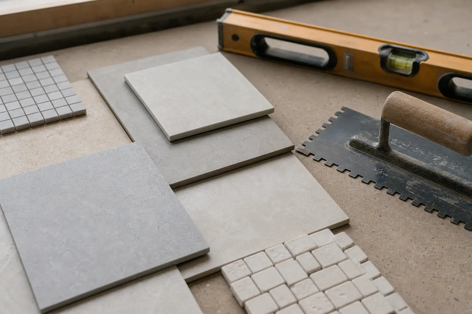 Tile samples laid out on a workbench beside a level and a trowel