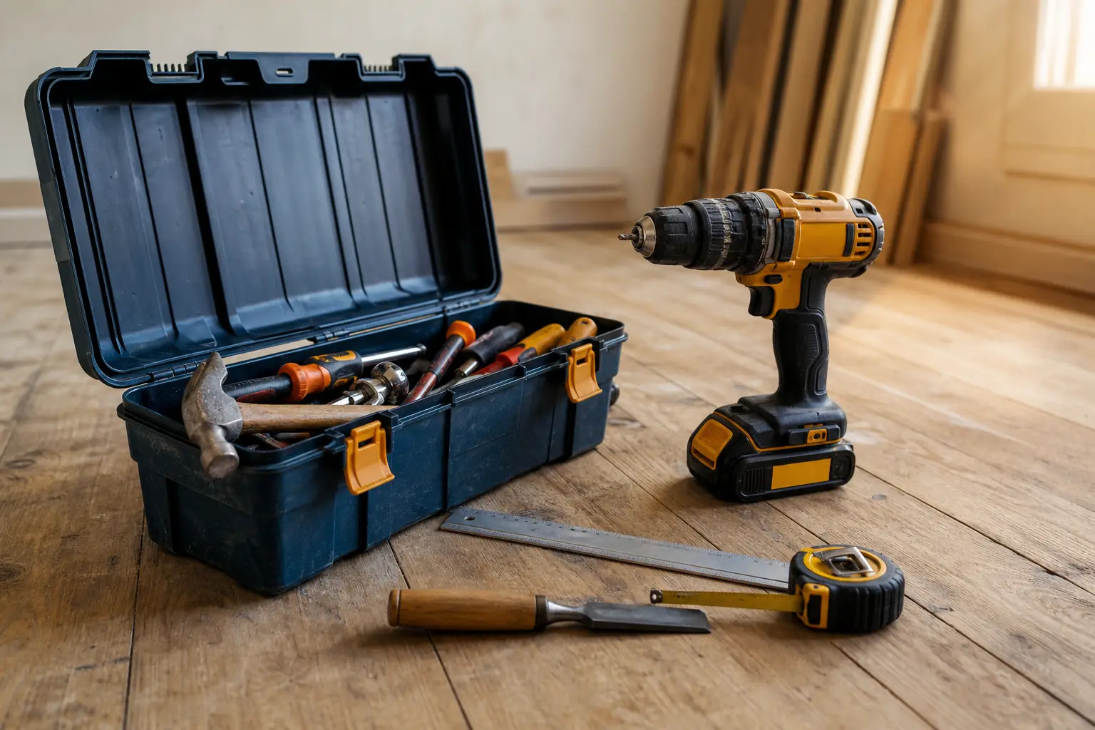 Open toolbox with hand tools and a cordless drill on a wooden floor