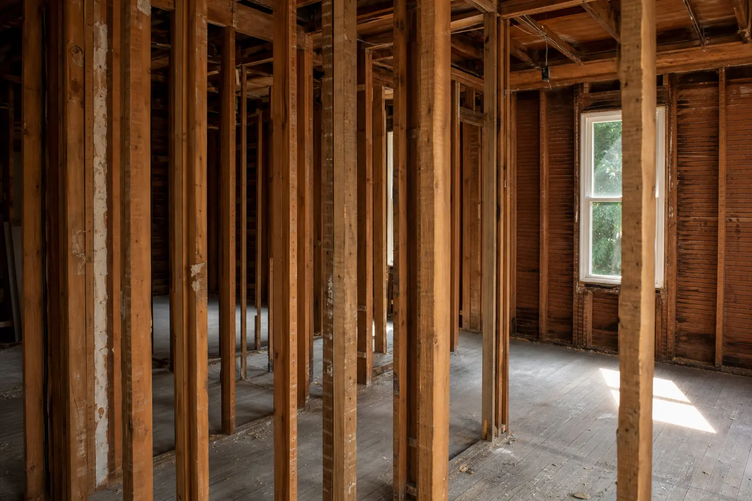 Exposed wall framing in an empty room with daylight from a window