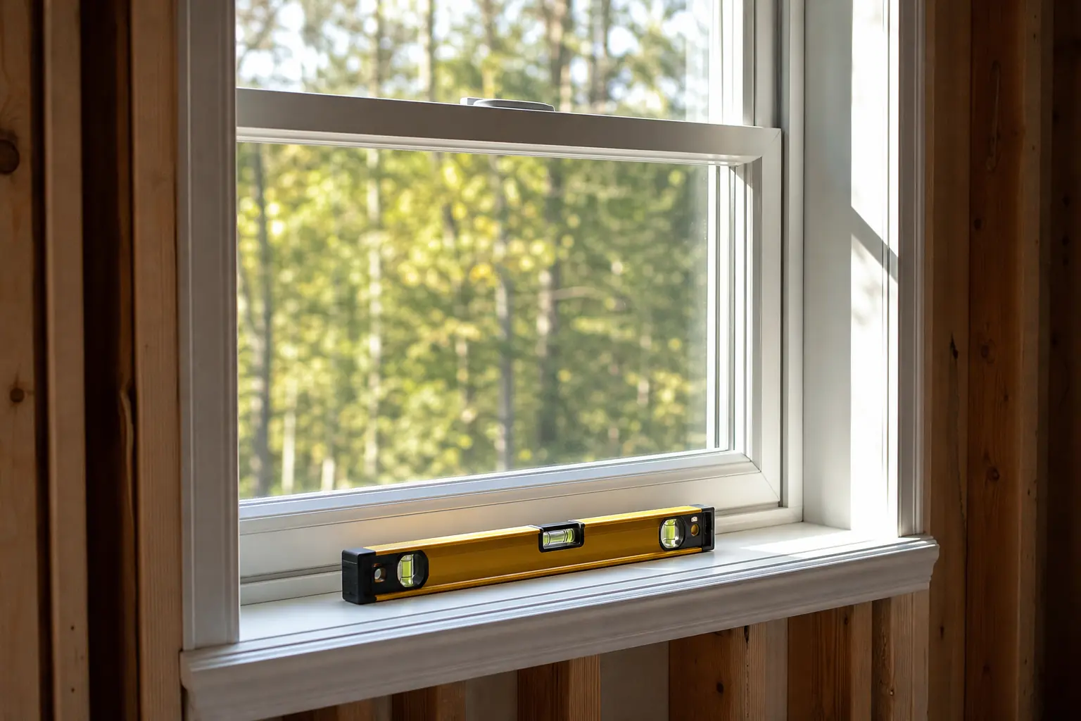 New window with white trim and a level resting on the sill