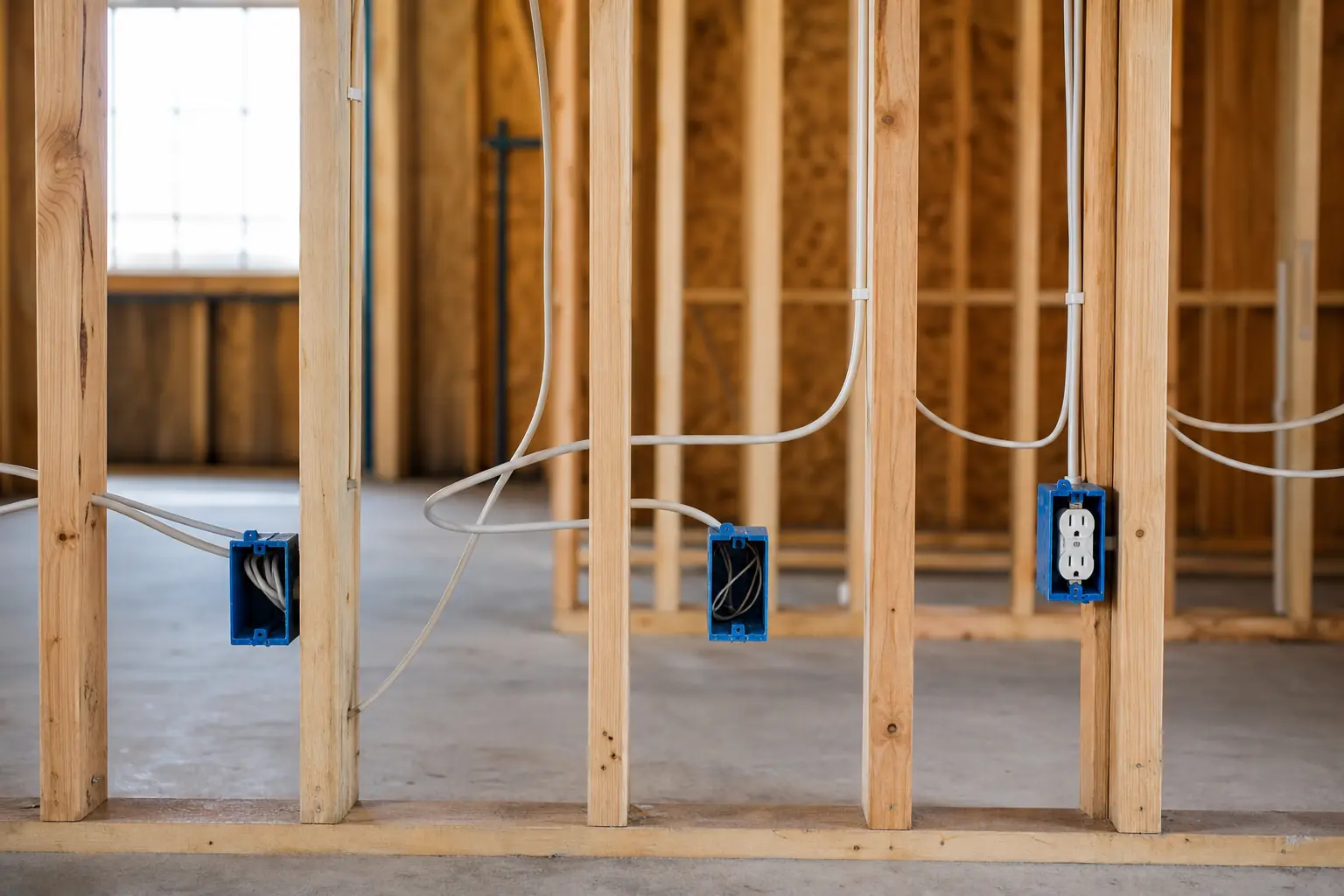 Neatly routed electrical cable and outlet boxes in an open wall