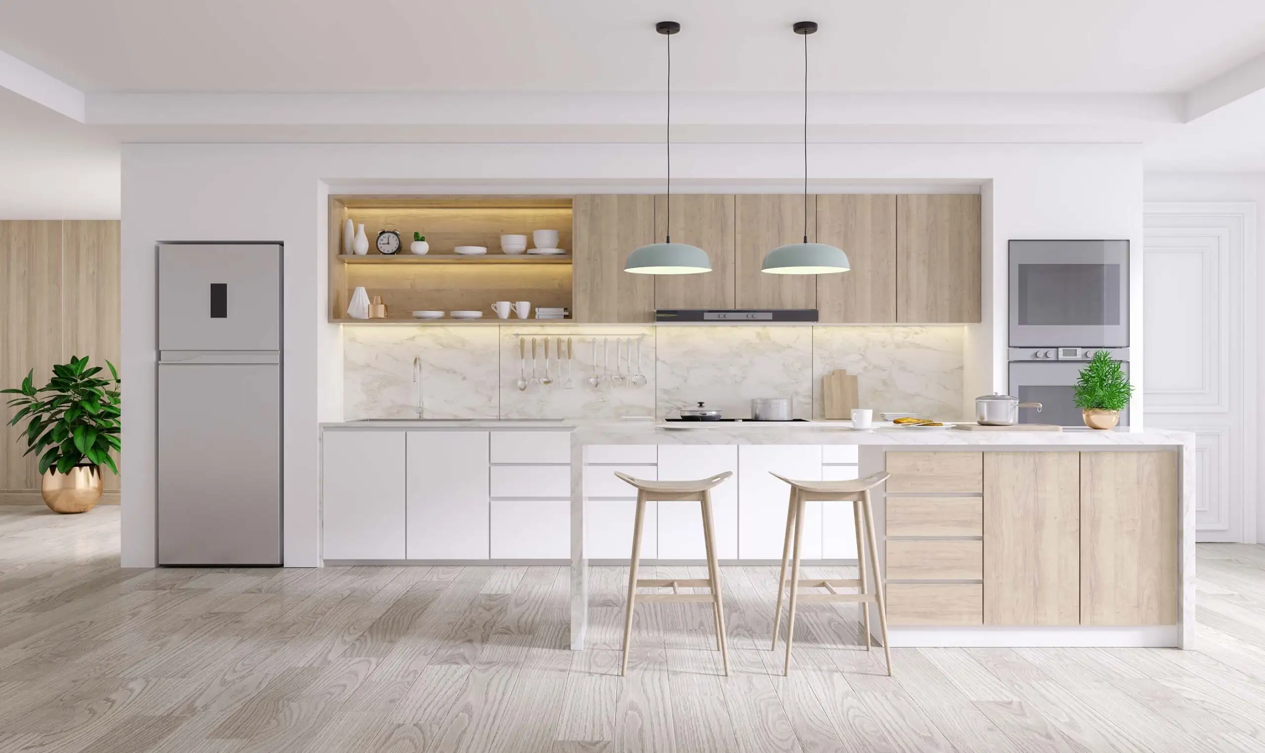 Bright kitchen with light wood and white cabinets, a marble-look backsplash and a two-stool island