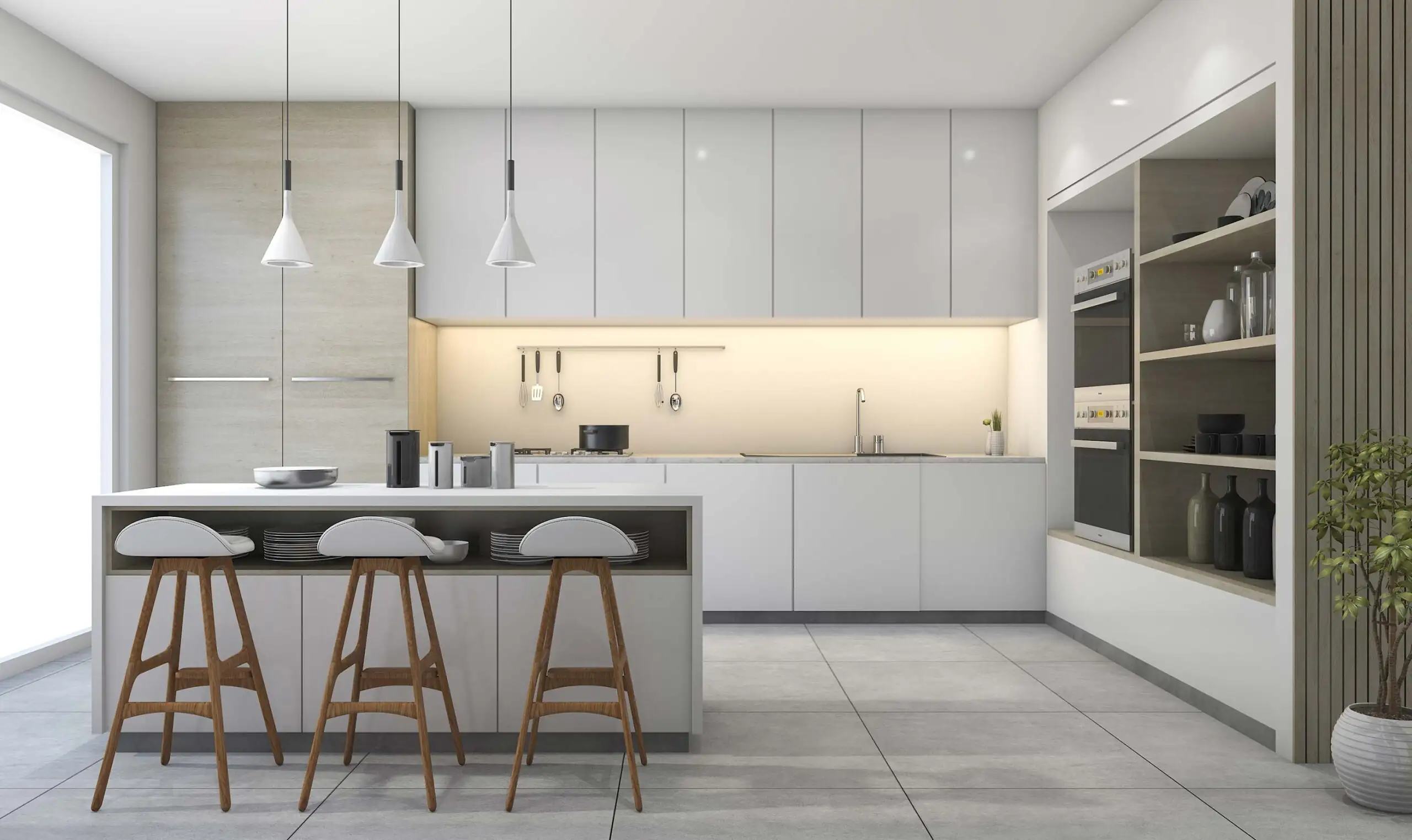 Modern white kitchen with a long island, three pendant lights and gray floor tile